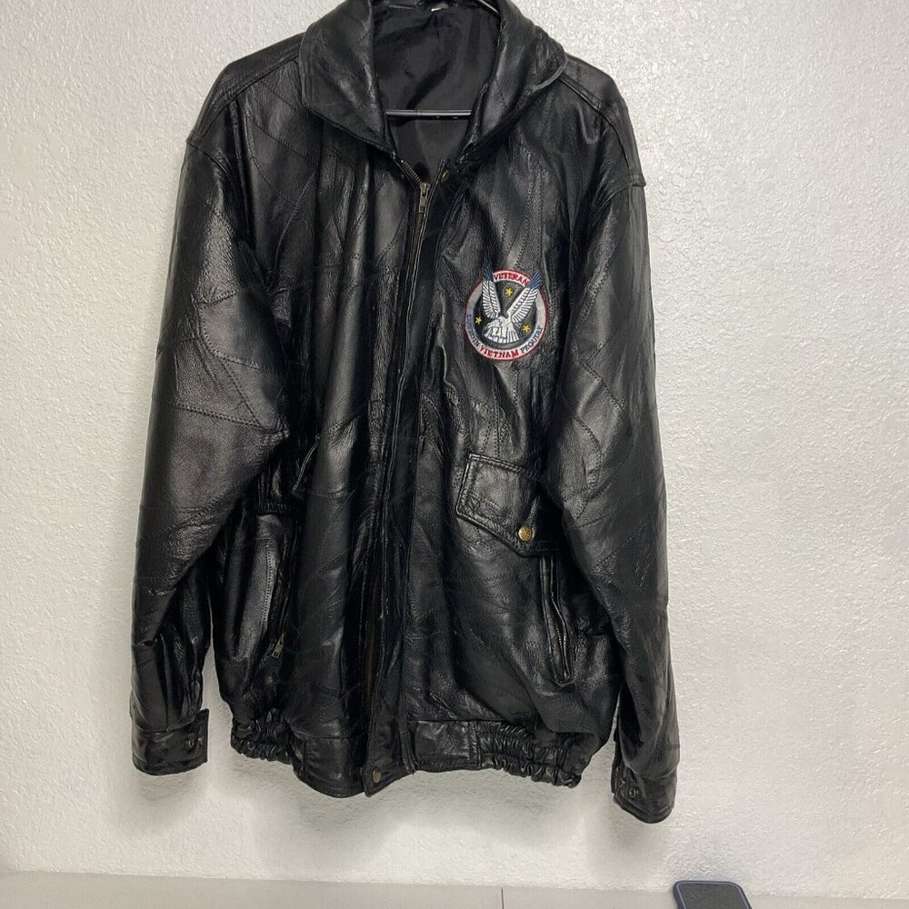 Vintage Black Quoted Leather Jacket Size XXL With Vietnam Veteran Patch
